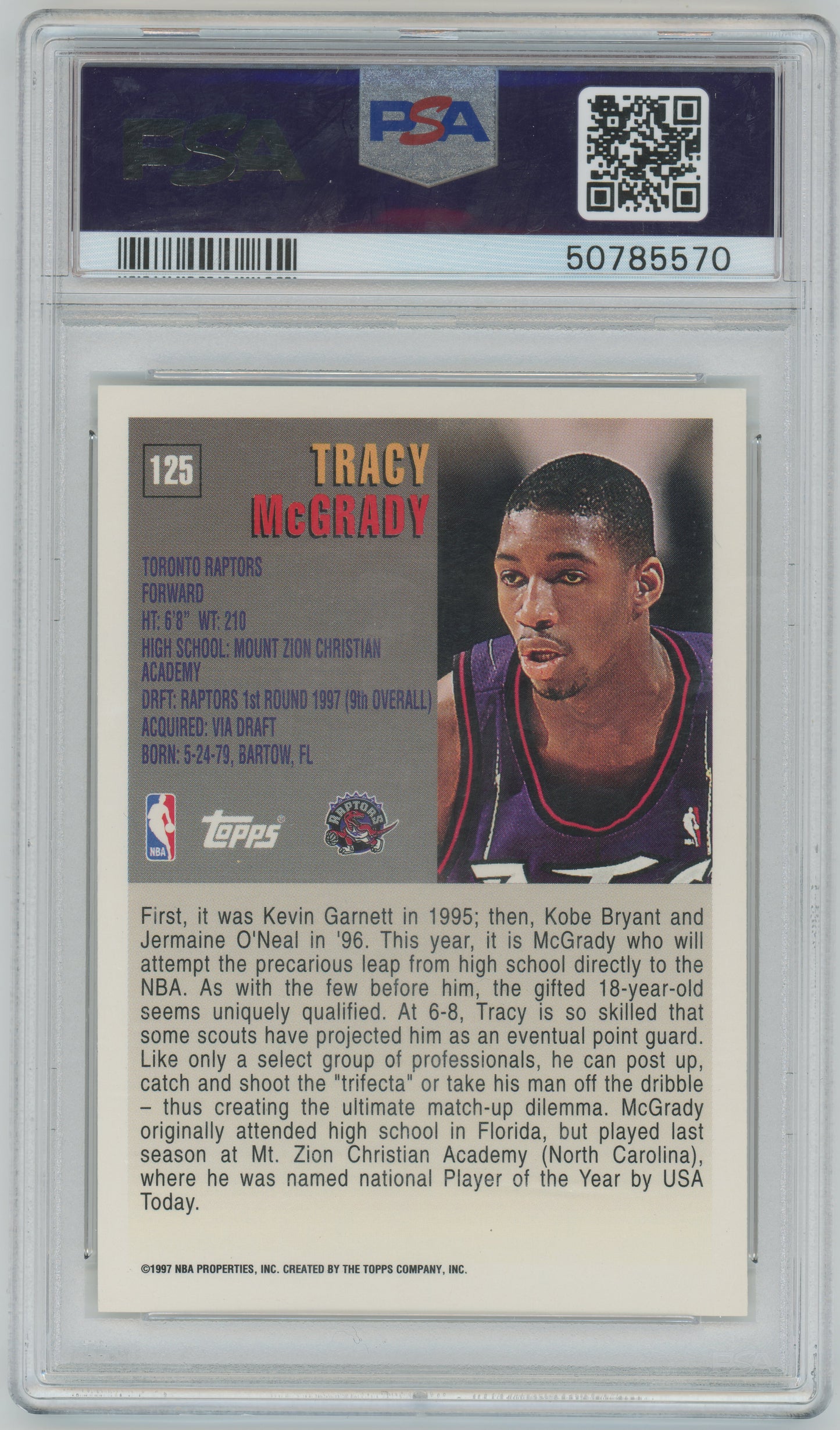 1997 Topps #125 - Tracy McGrady - Raptors ROOKIE HOF - PSA
