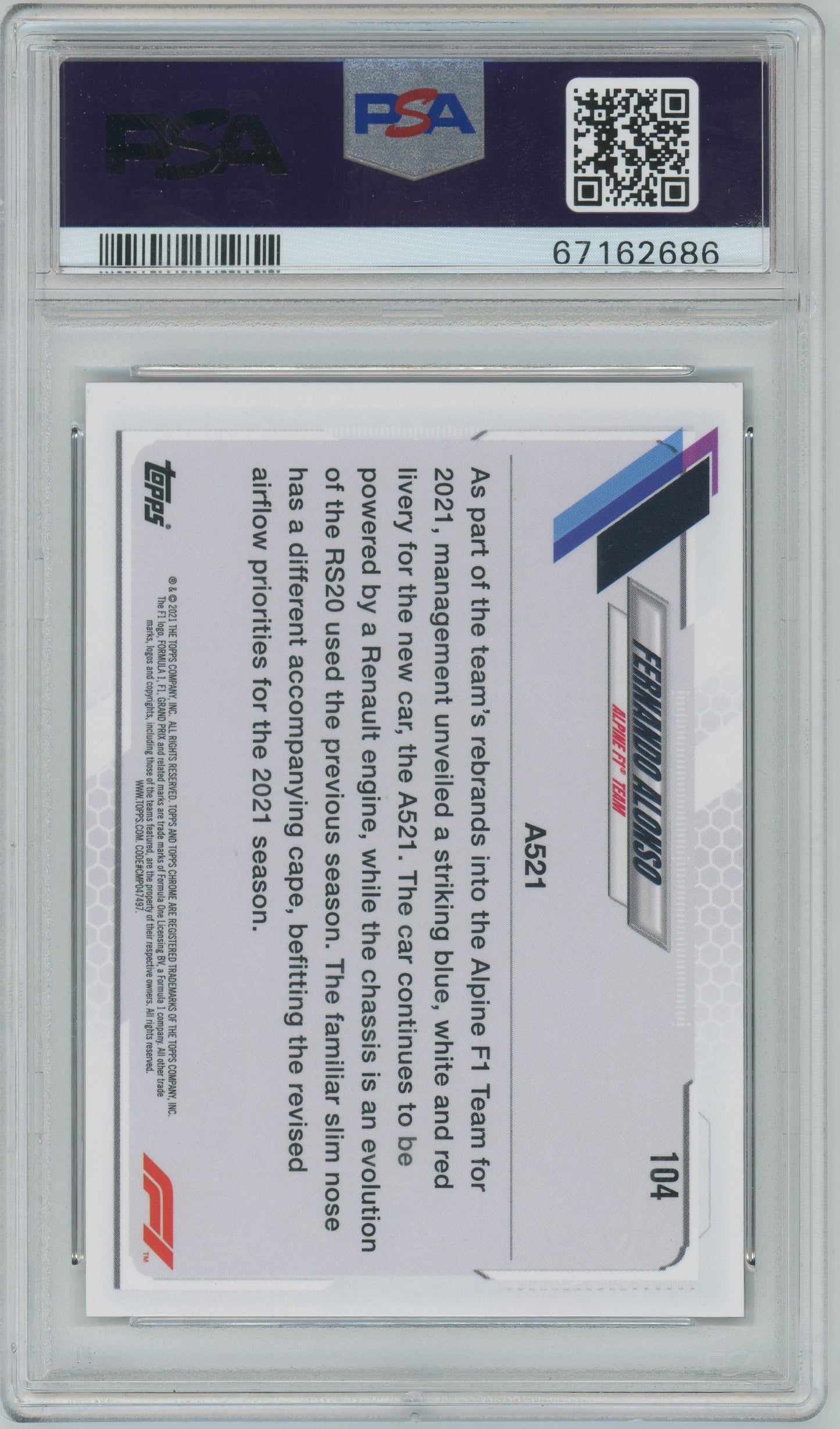 2021 Topps Chrome Formula 1 Fernando Alonso #104 PSA 9