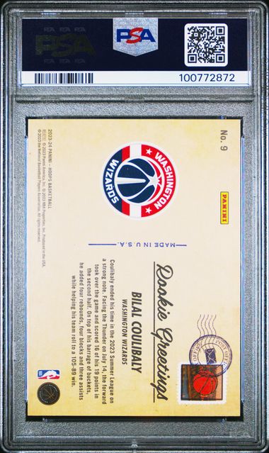 2023 Hoops - Rookie Greetings Holo Prizm #9 - Bilal Coulibaly - ROOKIE - PSA
