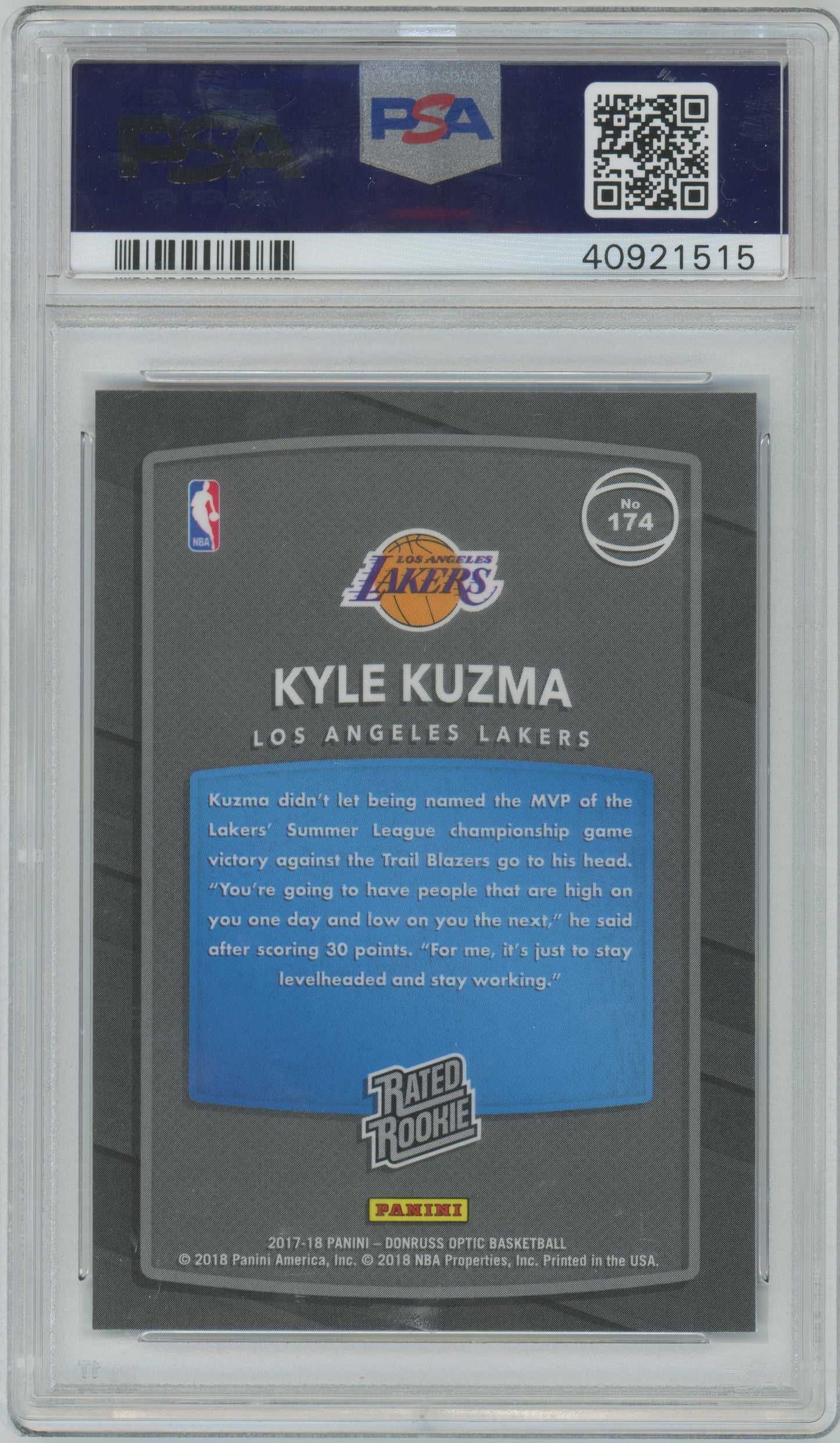 2017 Panini Donruss Optic - Kyle Kuzma #174 - ROOKIE - Red/Yellow - PSA 10
