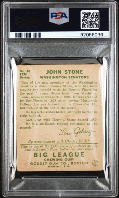 1934 Goudey Big League Chewing Gum - John Stone #40 - PSA 1.5