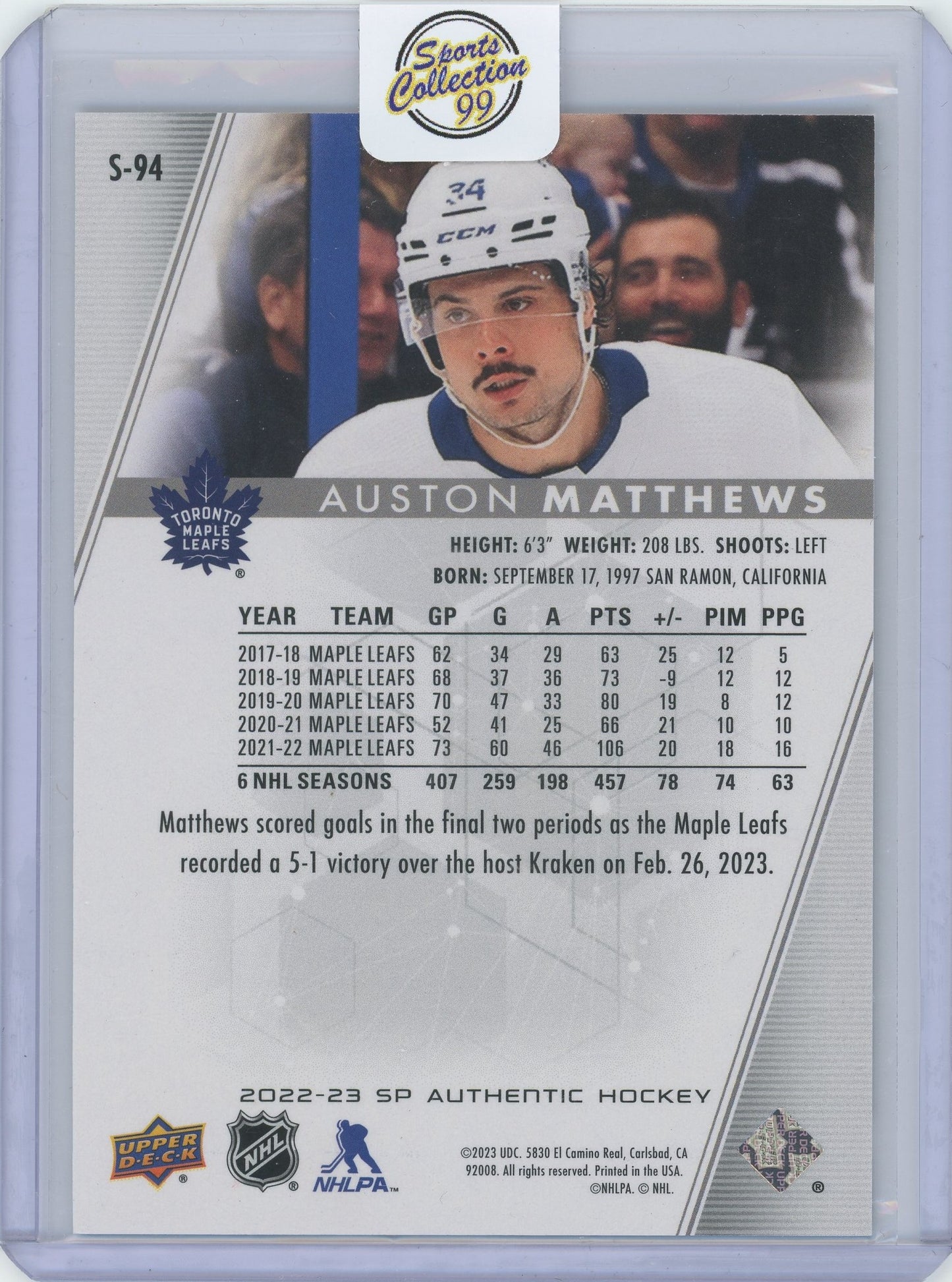2023 2022-23 SP Authentic Hockey Auston Matthews #S-94 Silver Refractor