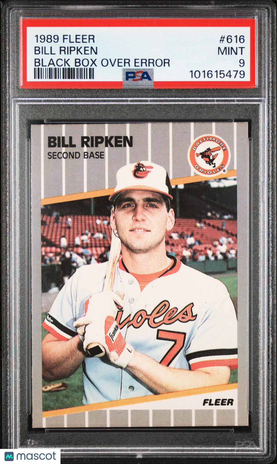 1989 Fleer #616 Bill Ripken Black Box Over Error Orioles PSA 9 MINT