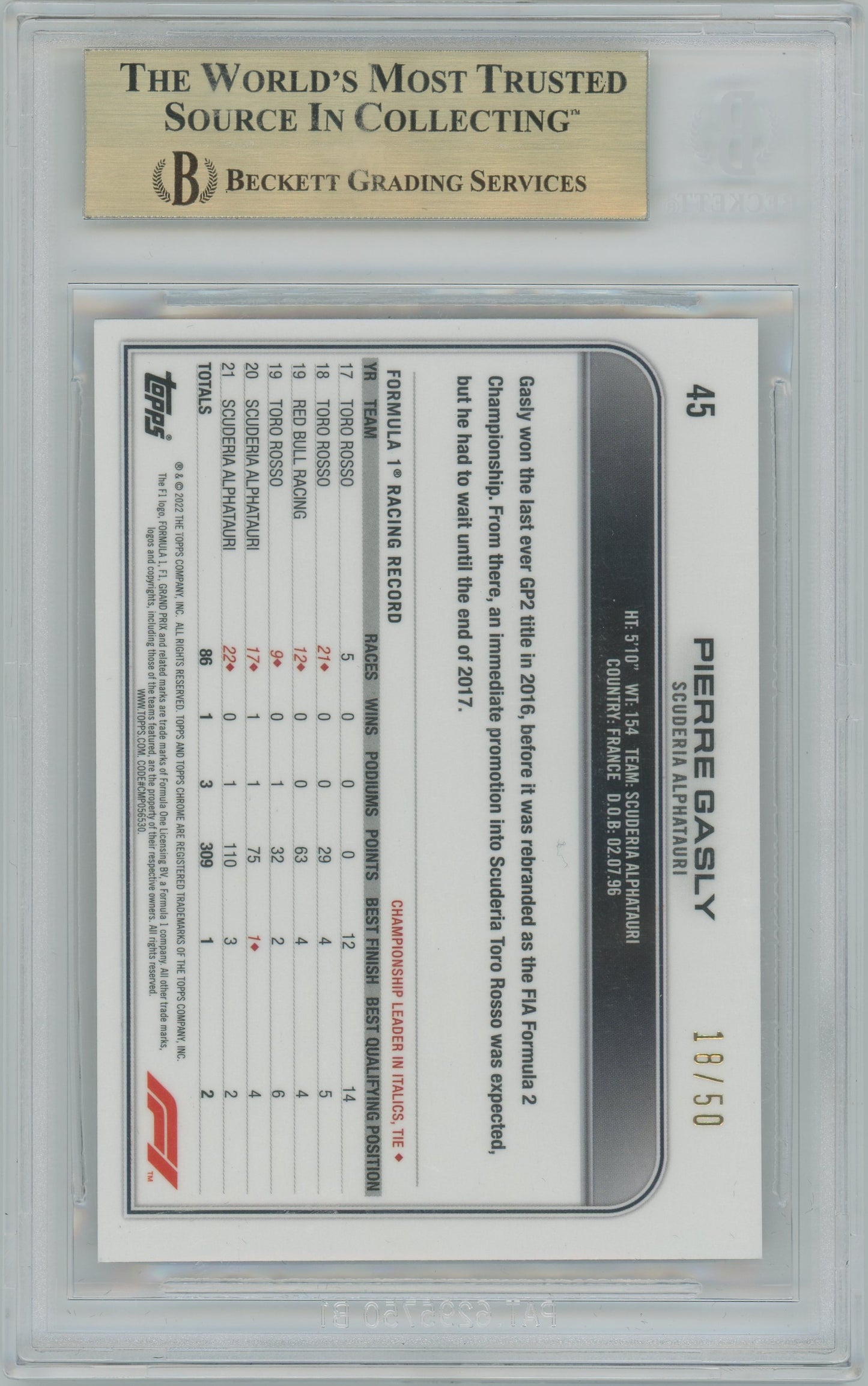 2022 Topps Chrome Sapphire F1 Gold Pierre Gasly #45 BGS 9.5 - /50, ##18/50