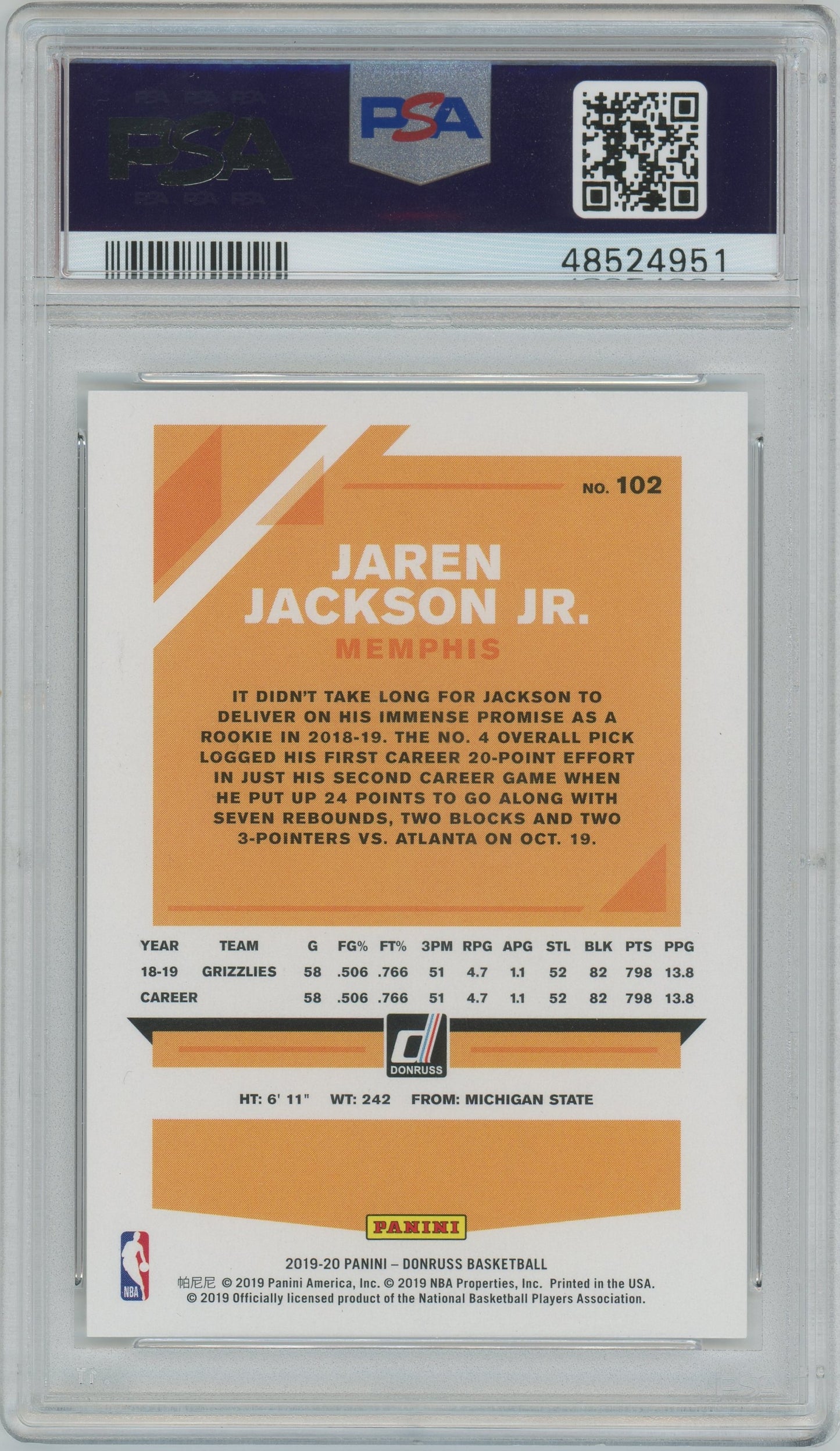 2019 Panini Donruss Jaren Jackson JR #102 Press Proof Silver /349 PSA 10 - POP 2