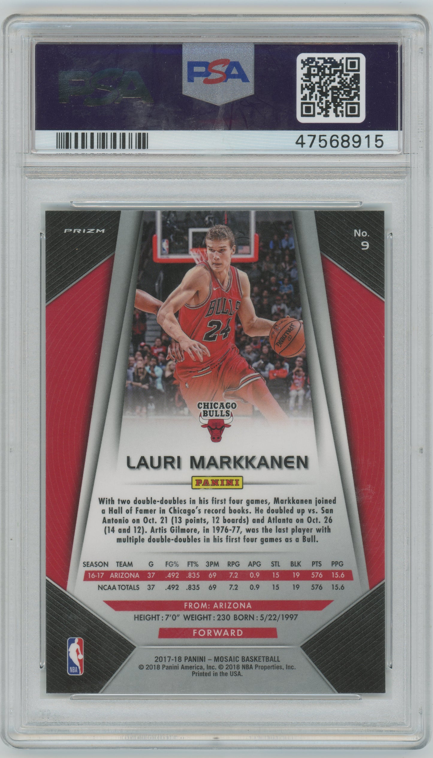 2017 Panini Prizm- Lauri Markkanen #9 - ROOKIE - Mosaic Prizm - ROOKIE - PSA 10