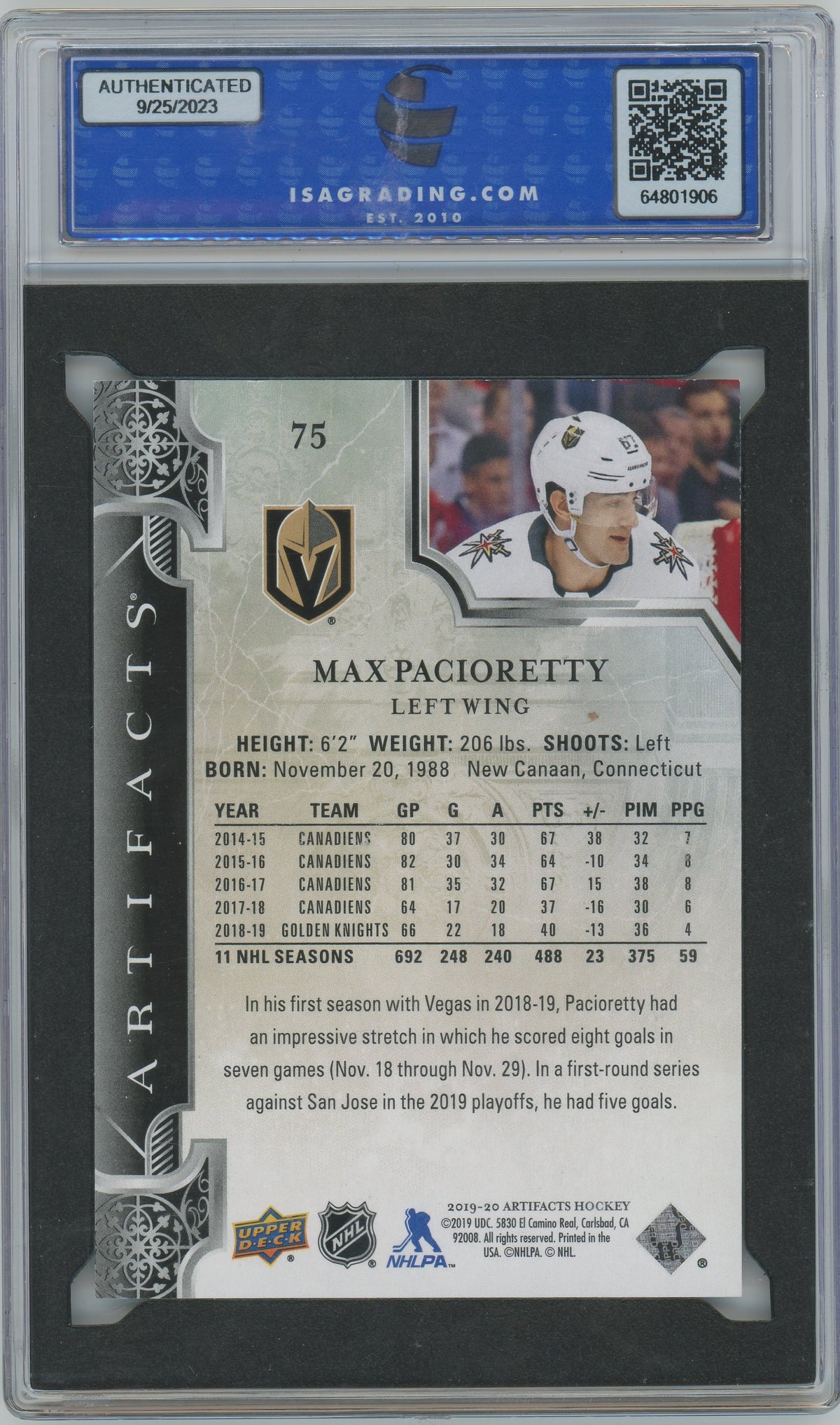 2019 Upper Deck Artifacts - Max Pacioretty - AQUA /45 -ISA 10 Slabbed - Aqua /45