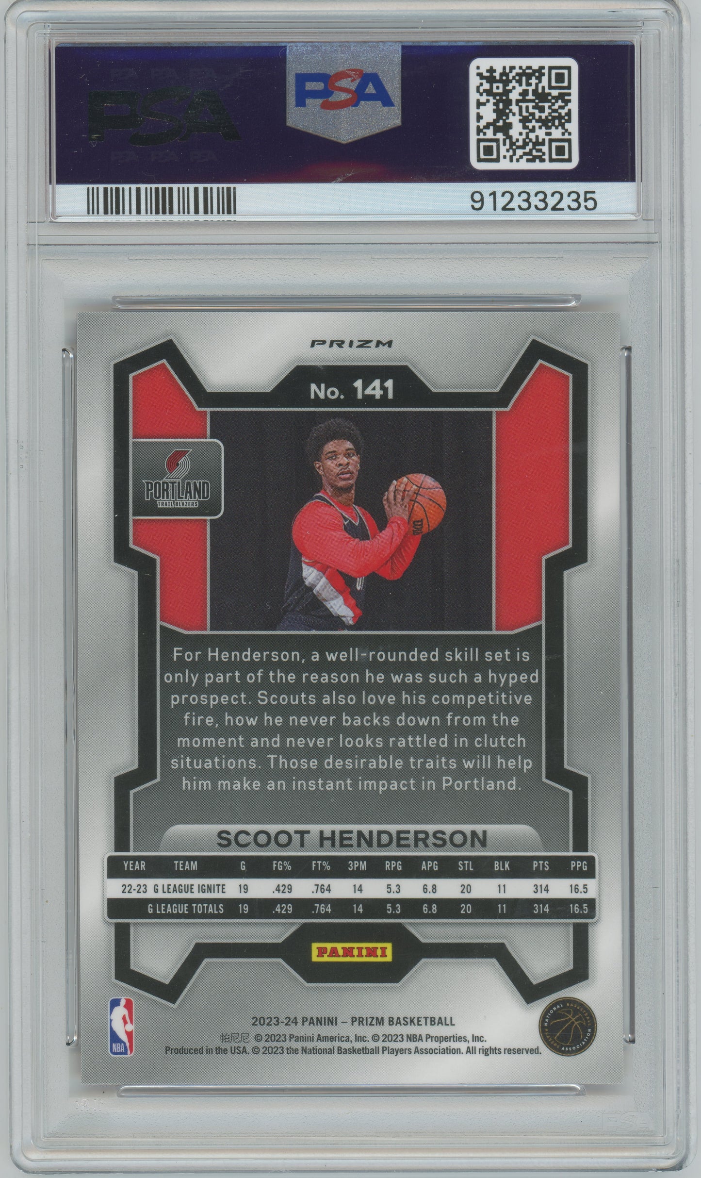 2023 Panini Prizm - Scoot Henderson #141 - ROOKIE - Red Ice Prizm - PSA 9