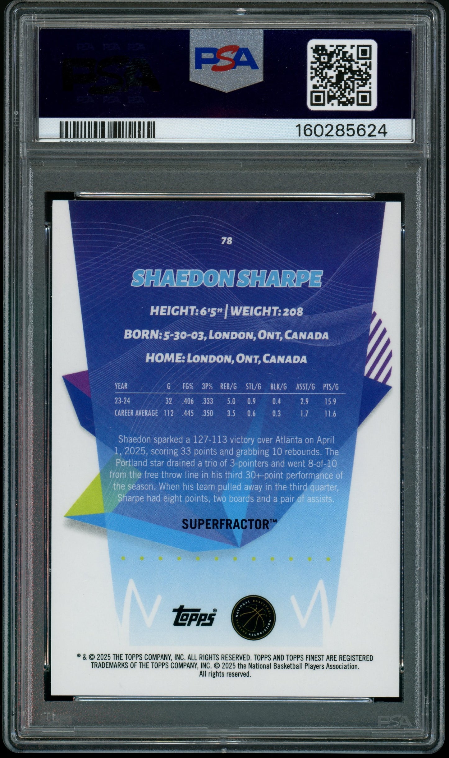 2024 Topps Finest - Shaedon Sharpe - Superfractor 1/1 - PSA - SUPERFRACTOR 1/1