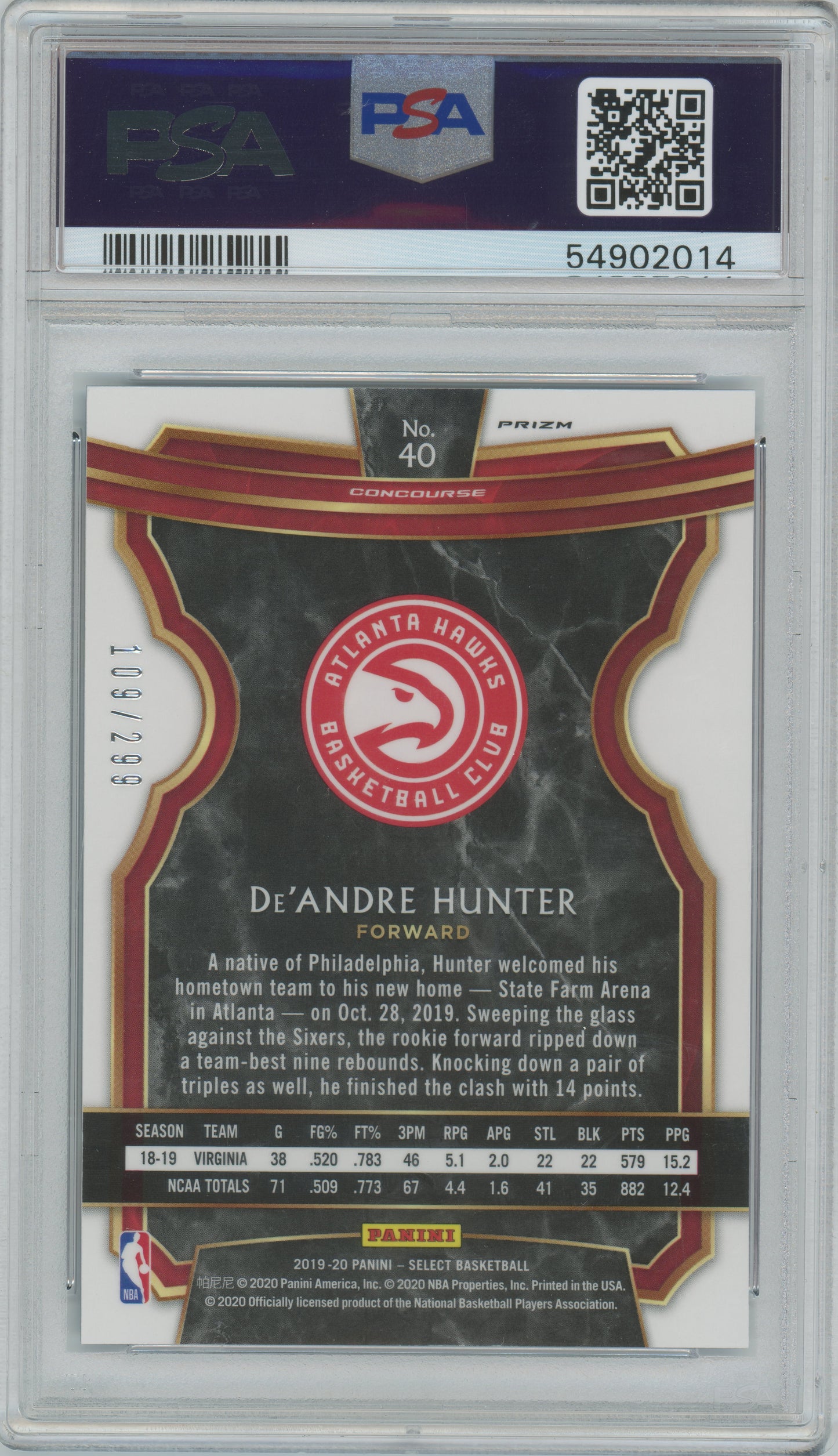 2019 Panini Select- De'andre Hunter #40 - ROOKIE - Light Blue Prizm /299 - PSA 9