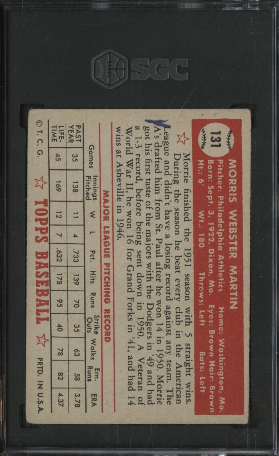 1952 Topps #131 Morrie Martin Philadelphia A's SGC 1 PR