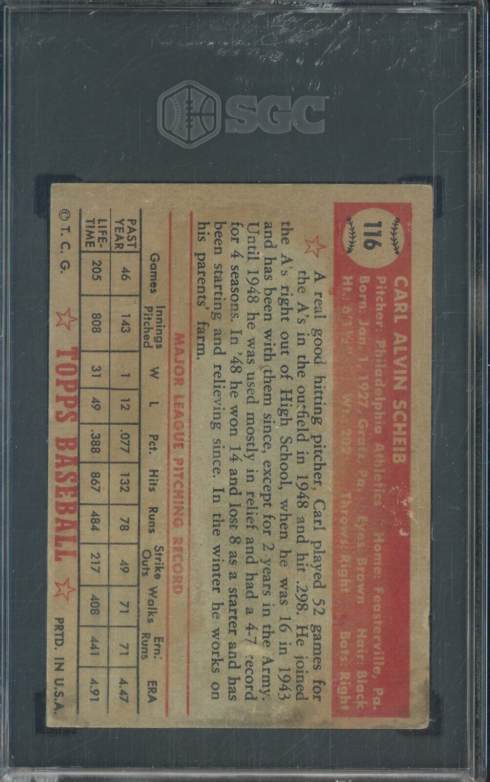 1952 Topps MLB Baseball - Carl Scheib #116 - Philadelphia A's - SGC 1
