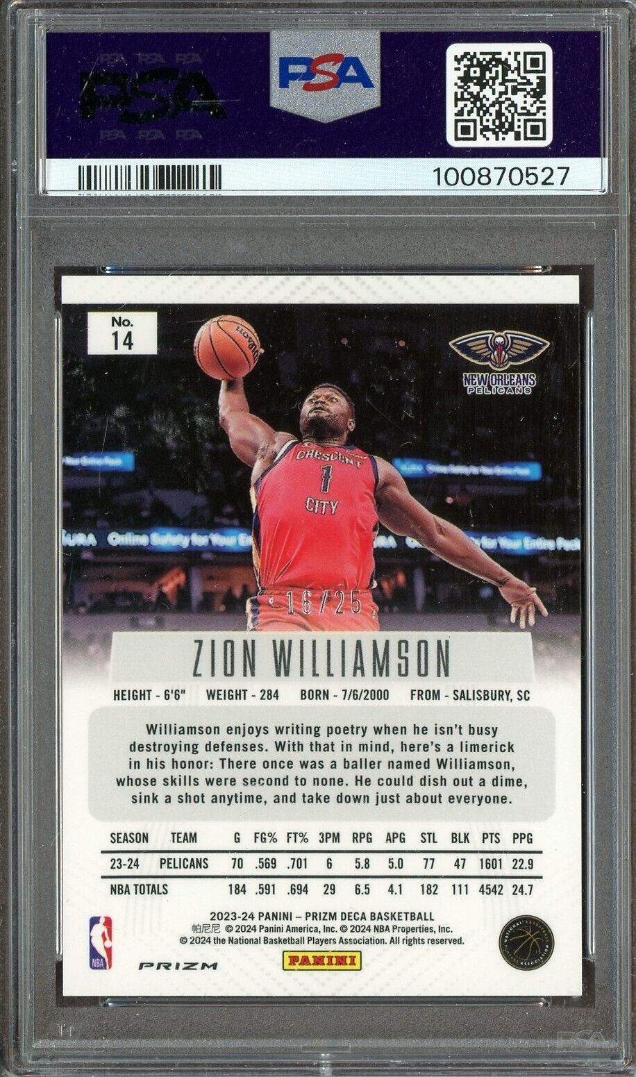 2023 Panini Deca Mojo Prizm #14 Zion Williamson Pelicans 16/25 PSA 8 NM-MT /25