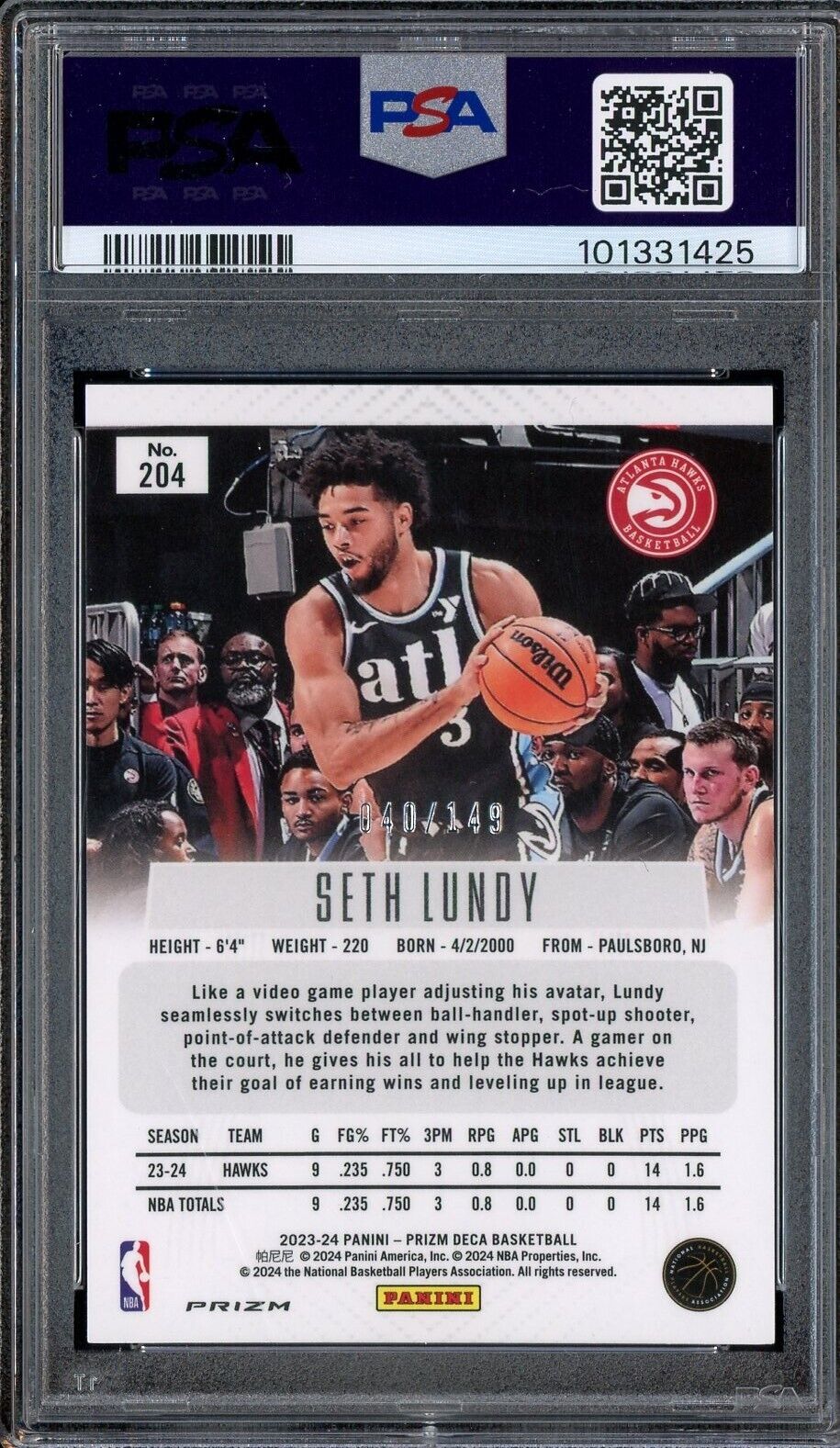 2023 Panini Blue Prizm Deca #204 Seth Lundy Hawks RC Rookie 40/149 PSA 9 /149