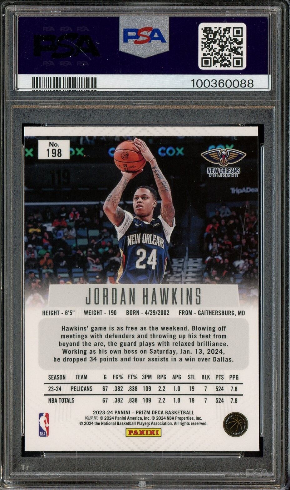 2023 Panini Prizm Deca #198 Jordan Hawkins Pelicans RC Rookie PSA 9 MINT