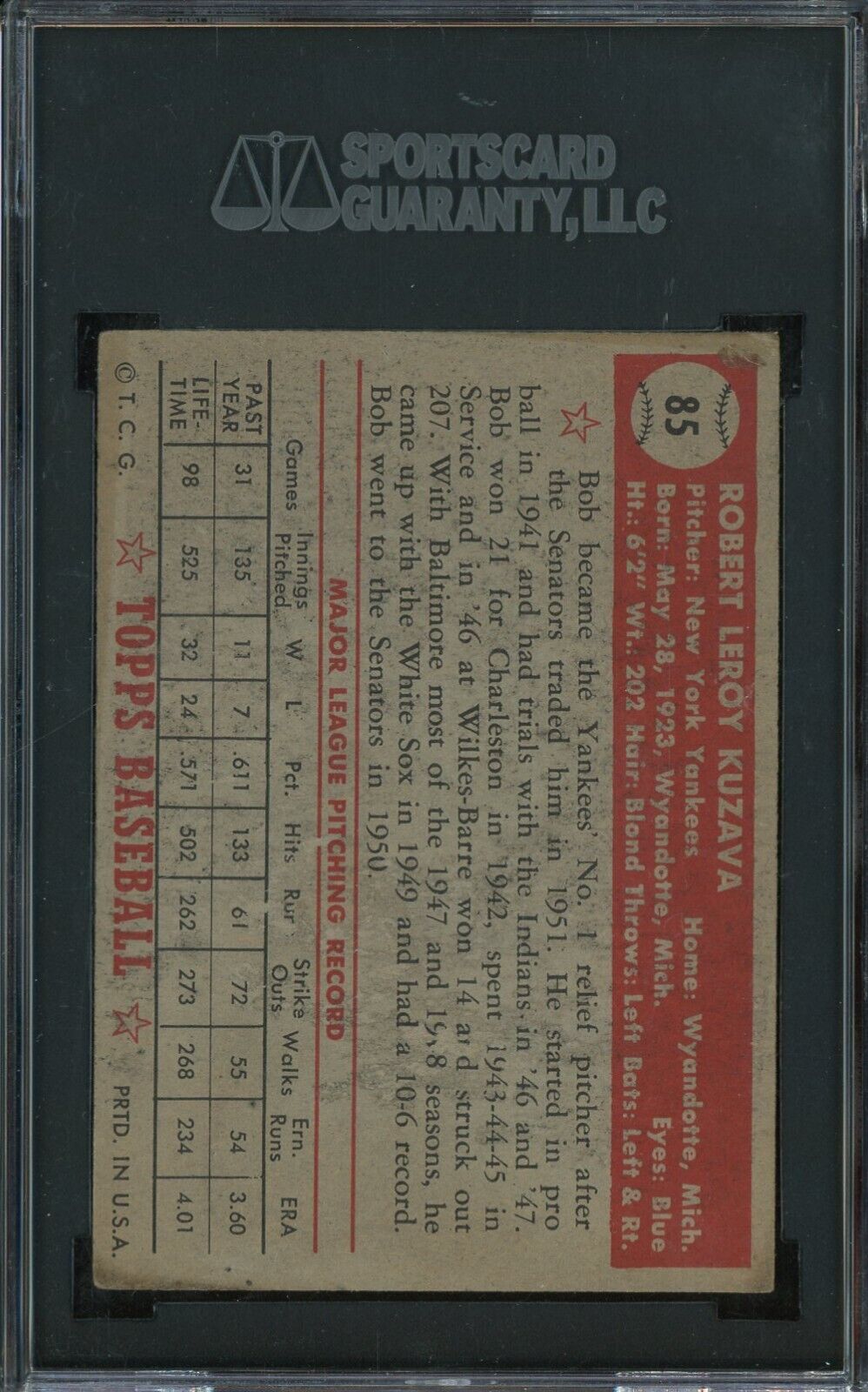 1952 Topps MLB Baseball - Bob Kuzava #85 - New York Yankees - SGC 1