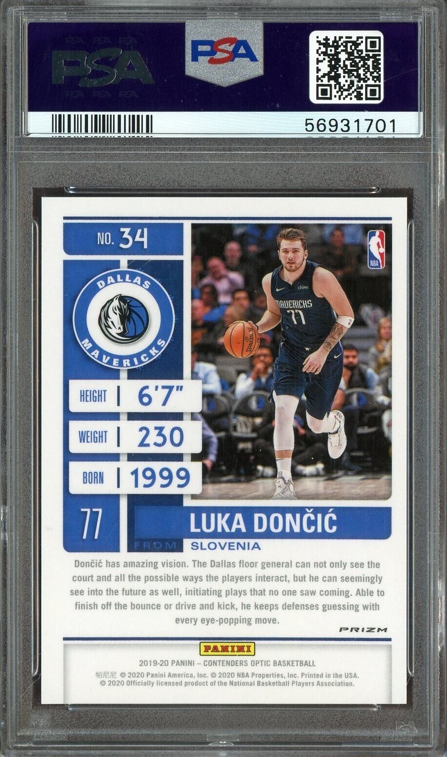2019 Contenders Optic Season Ticket Red Prizm #34 Luka Doncic Mavericks PSA 9