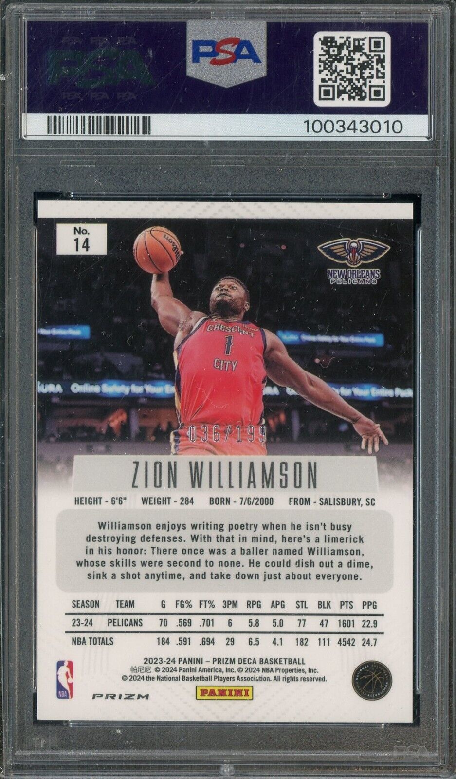 2023 Panini Red Prizm Deca #14 Zion Williamson Pelicans 36/199 PSA 9 MINT /199