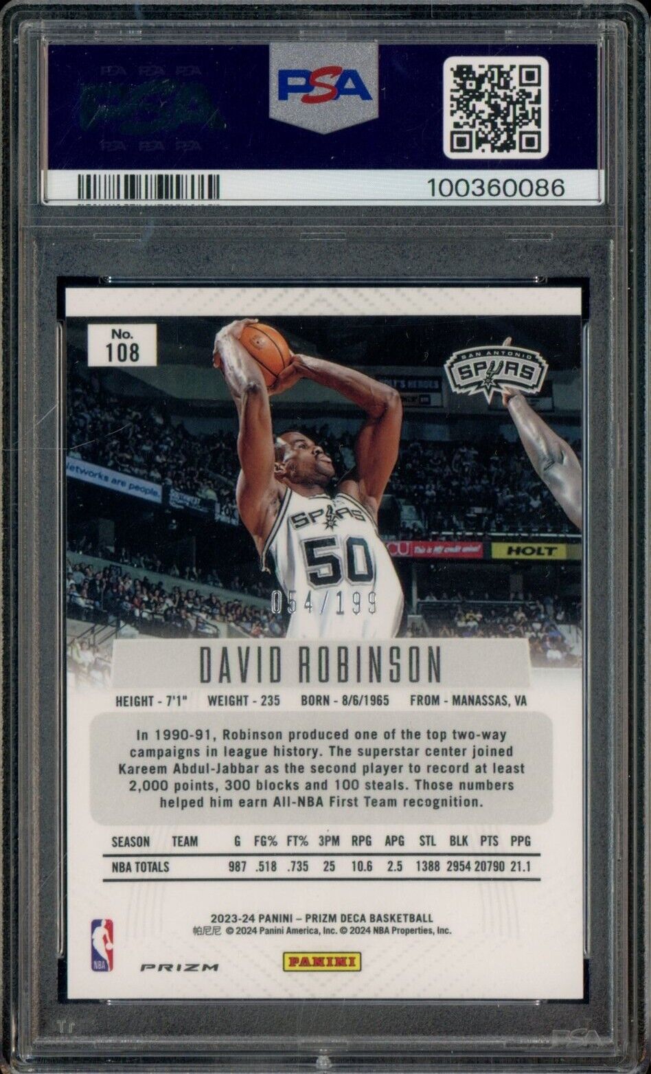 2023 Panini Deca Red Prizm #108 David Robinson Spurs HOF 54/199 PSA 10 GEM /199