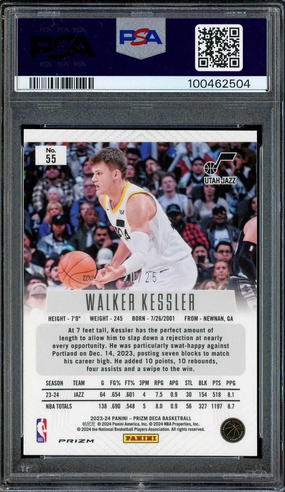 2023 Panini Mojo Prizm Deca #55 Walker Kessler Utah Jazz 20/25 PSA 10 GEM /25