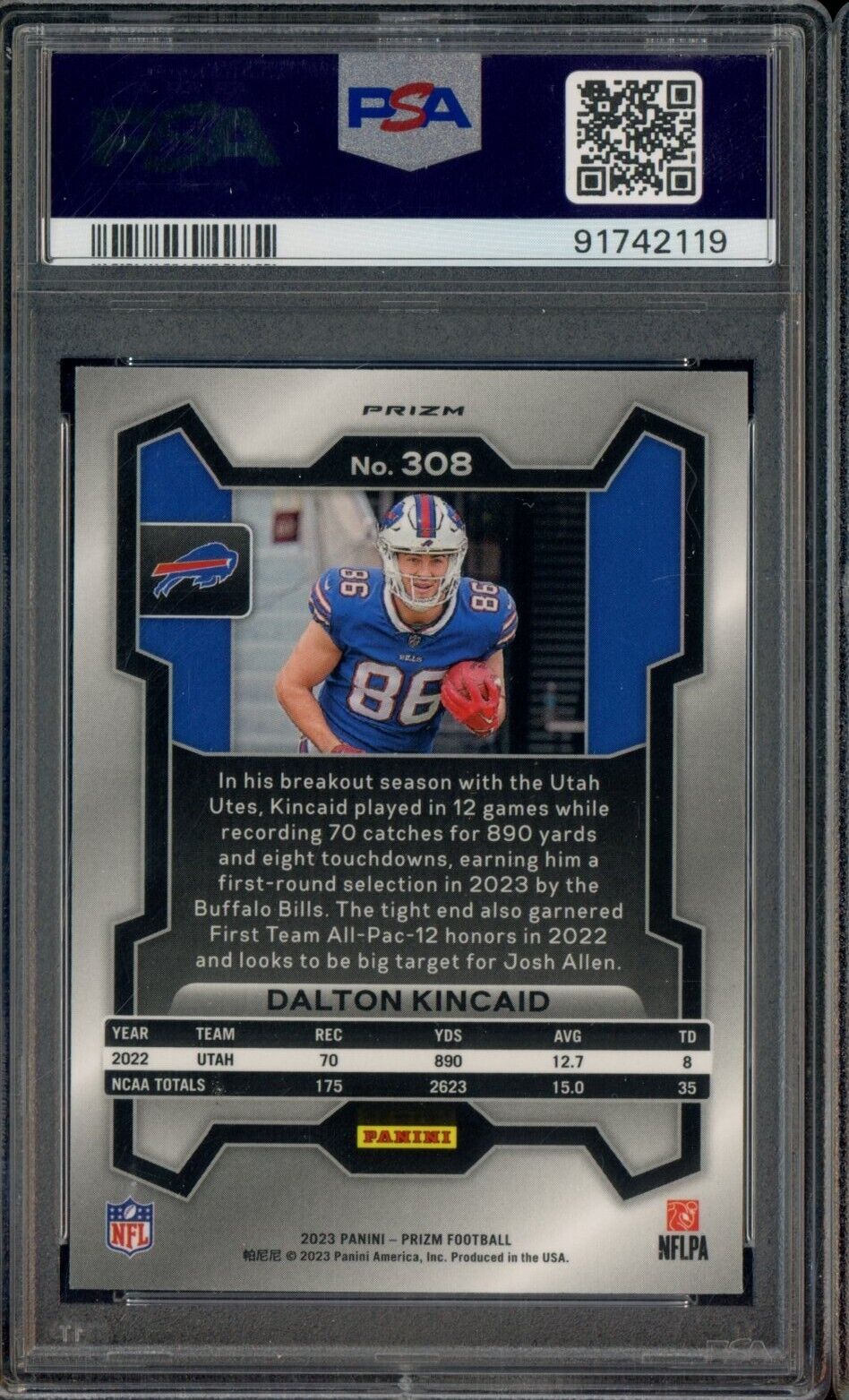 2023 Panini Silver Prizm #308 Dalton Kincaid Buffalo Bills RC Rookie PSA 10