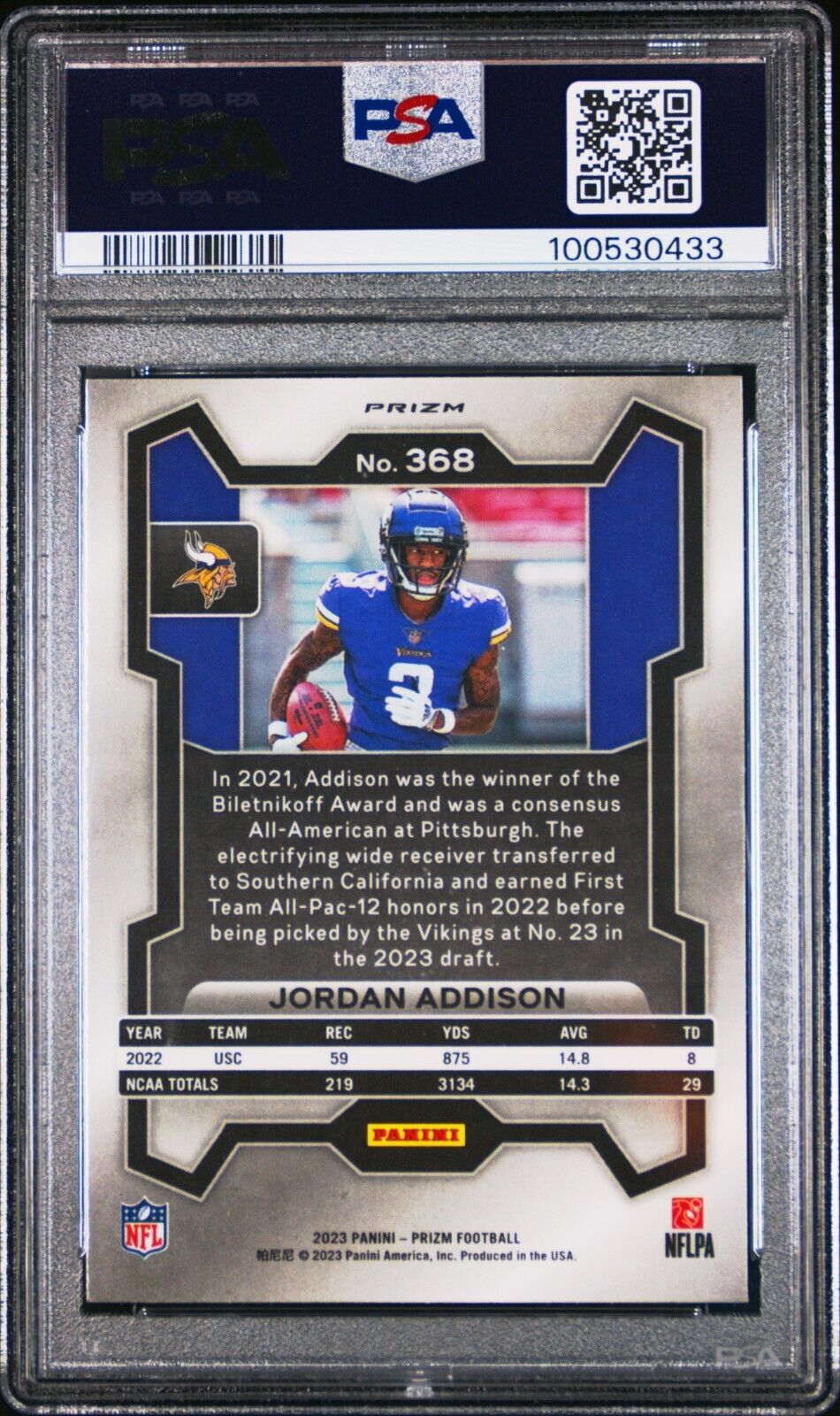 2023 Panini Prizm Jordan Addison #368 Silver Prizm Short Print Rookie PSA 9