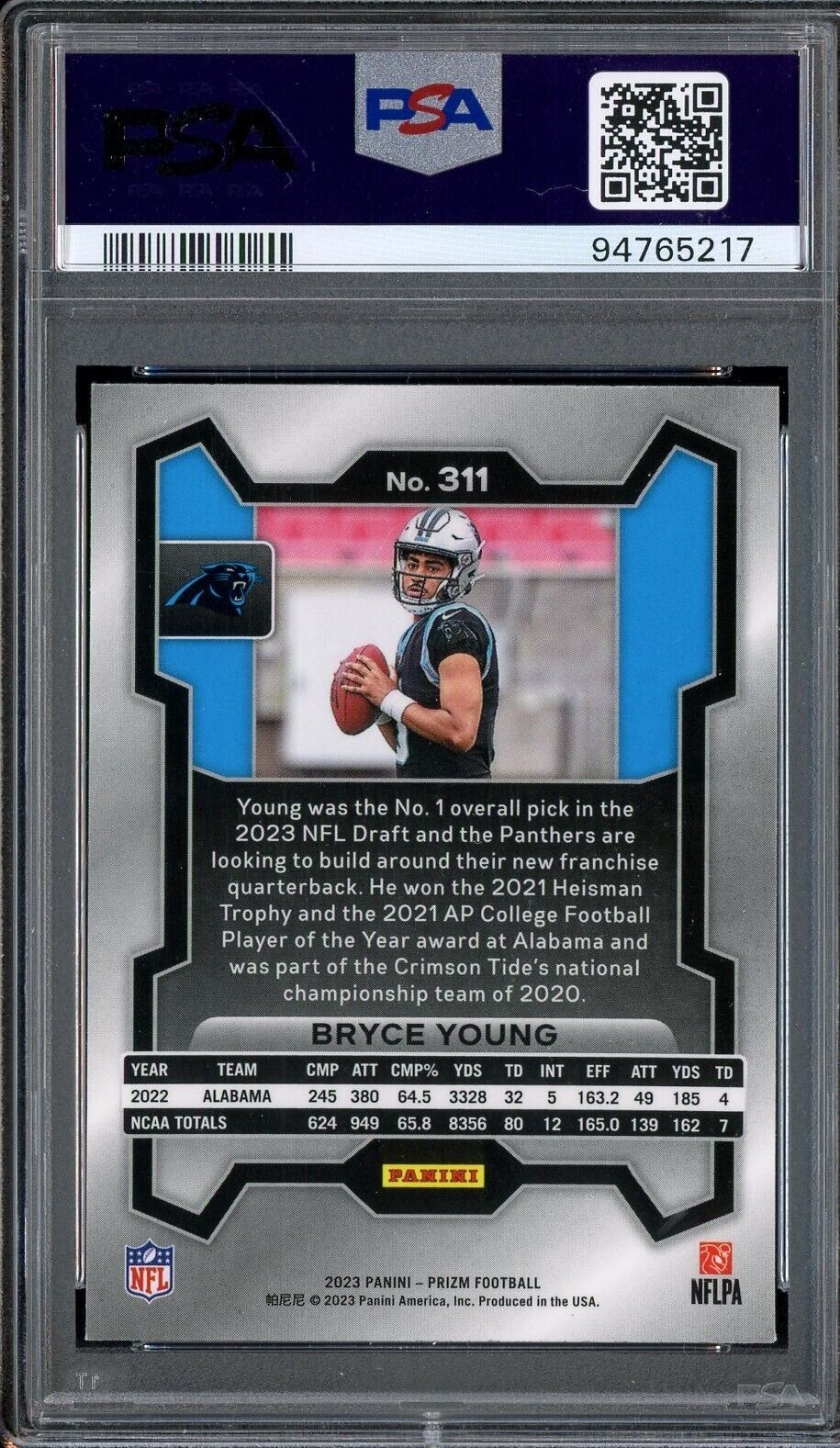 2023 Panini Prizm #311 Bryce Young Panthers RC Rookie PSA 9 MINT