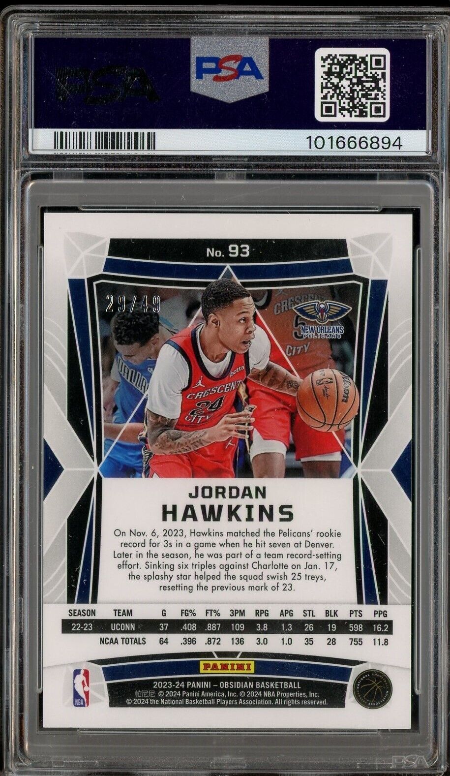 2023 Obsidian Electric Etch Purple Flood Prizm Jordan Hawkins 29/49 PSA 9 - /49