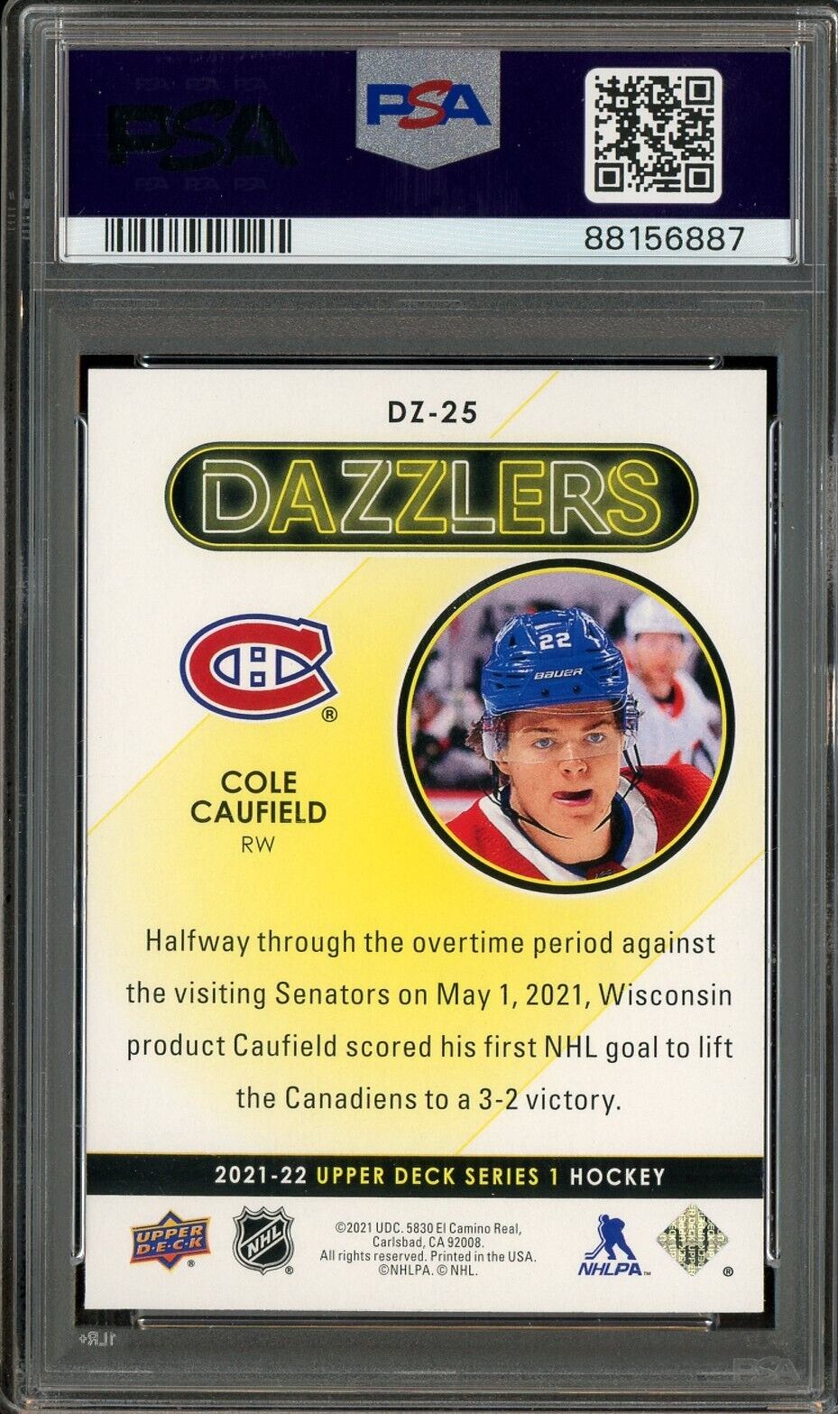 Auction #3 2021 UD Hockey Dazzlers Purple #DZ25 Cole Caufield RC Rookie PSA 10