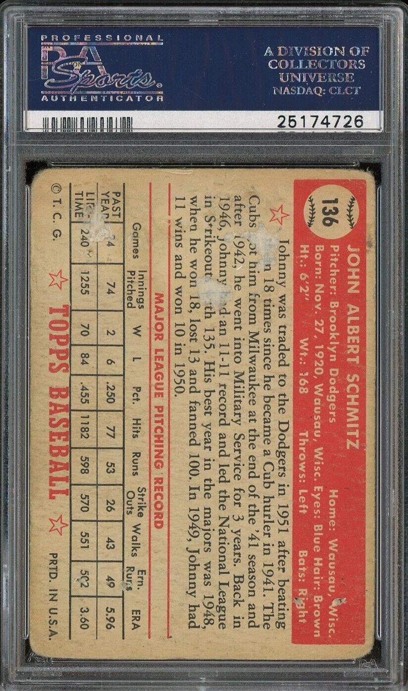 1952 Topps MLB Baseball - Johnny Schmitz #136 - Brooklyn Dodgers - PSA 1