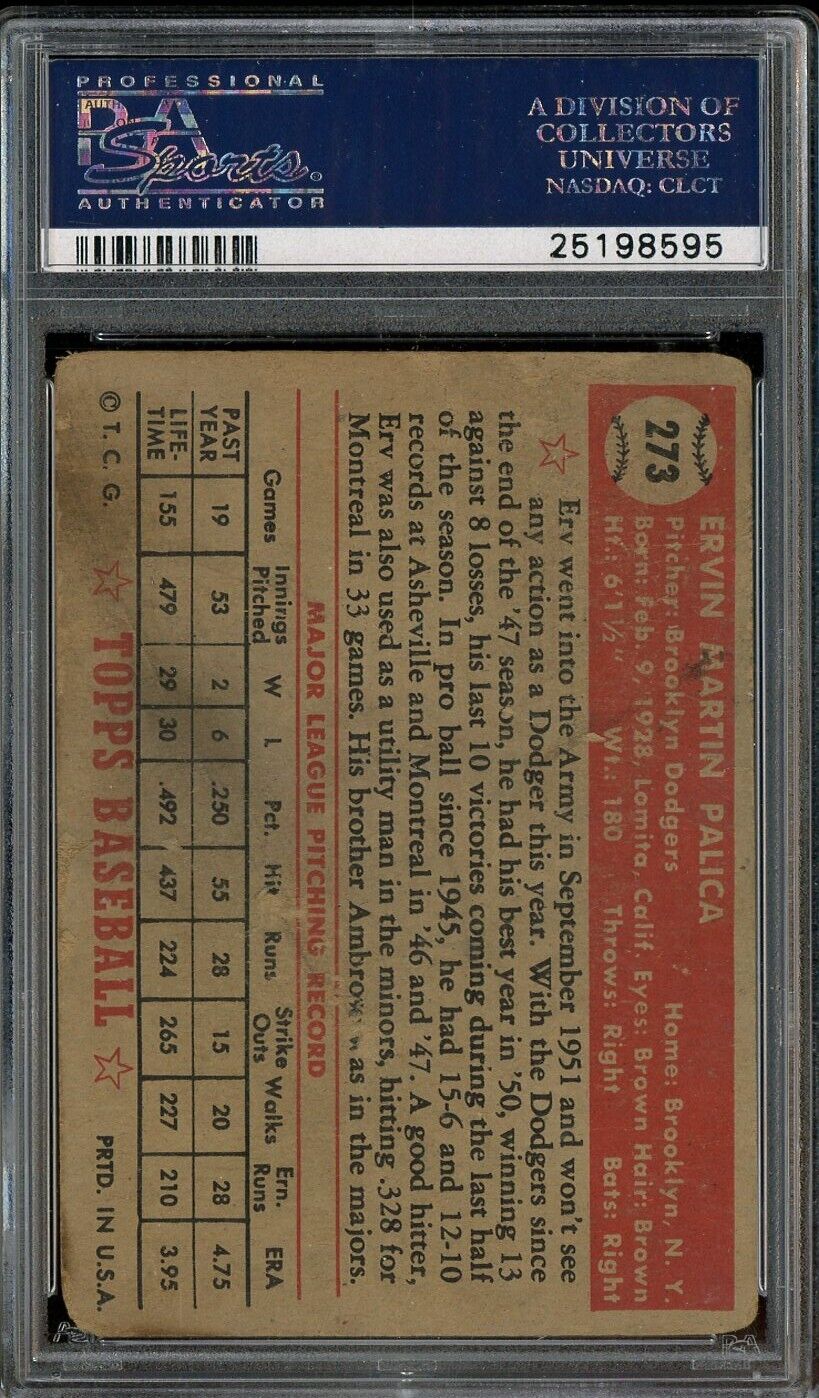 1952 Topps #273 Erv Palica Brooklyn Dodgers PSA 1 PR