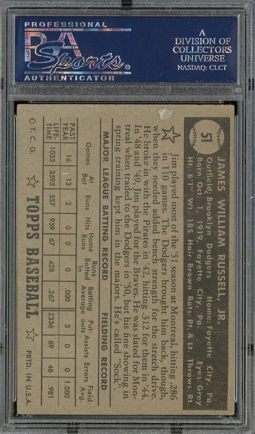 1952 Topps MLB Baseball - Jim Russell #51- Black Back - Brooklyn Dodgers - PSA 1