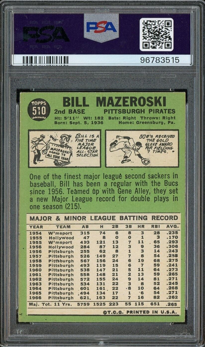 1967 Topps MLB Baseball - Bill Mazeroski #510 - Pittsburgh Pirates HOF - PSA 6