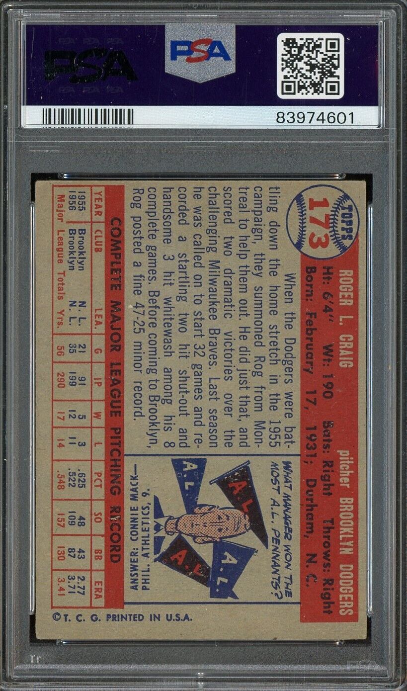1957 Topps #173 Roger Craig Brooklyn Dodgers PSA 5 EX
