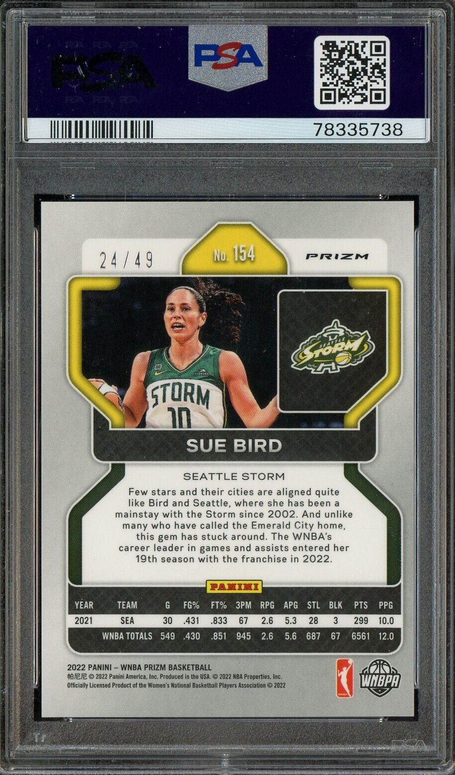 2022 Panini Orange Prizm WNBA #154 Sue Bird Storm 24/49 PSA 8 NM-MT - /49
