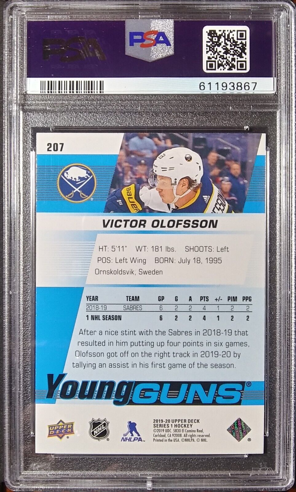 2019-20 Upper Deck Victor Olofsson #207 Rookie - Young Guns ROOKIE - PSA 9
