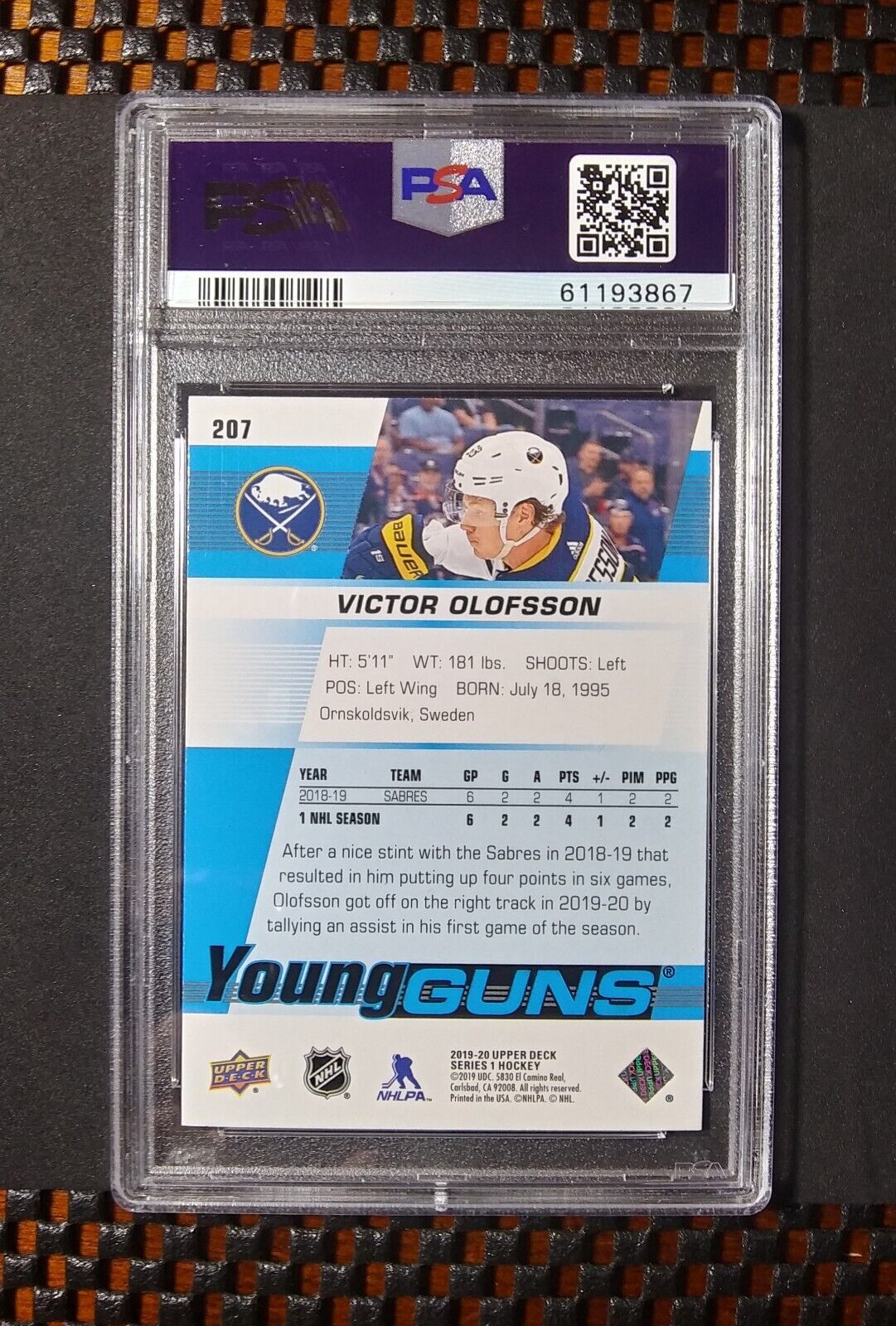 2019-20 Upper Deck Victor Olofsson #207 Rookie - Young Guns ROOKIE - PSA 9