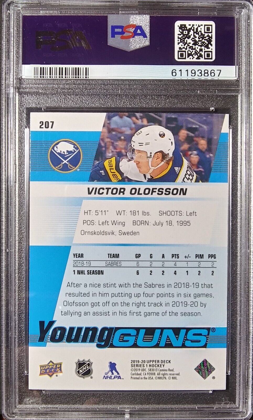 2019-20 Upper Deck Victor Olofsson #207 Rookie - Young Guns ROOKIE - PSA 9