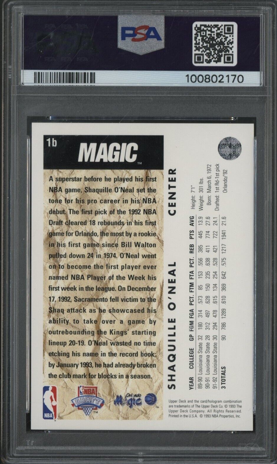 1992 Upper Deck Trade Card #1b Shaquille O'Neal Magic RC Rookie HOF PSA 7 NM