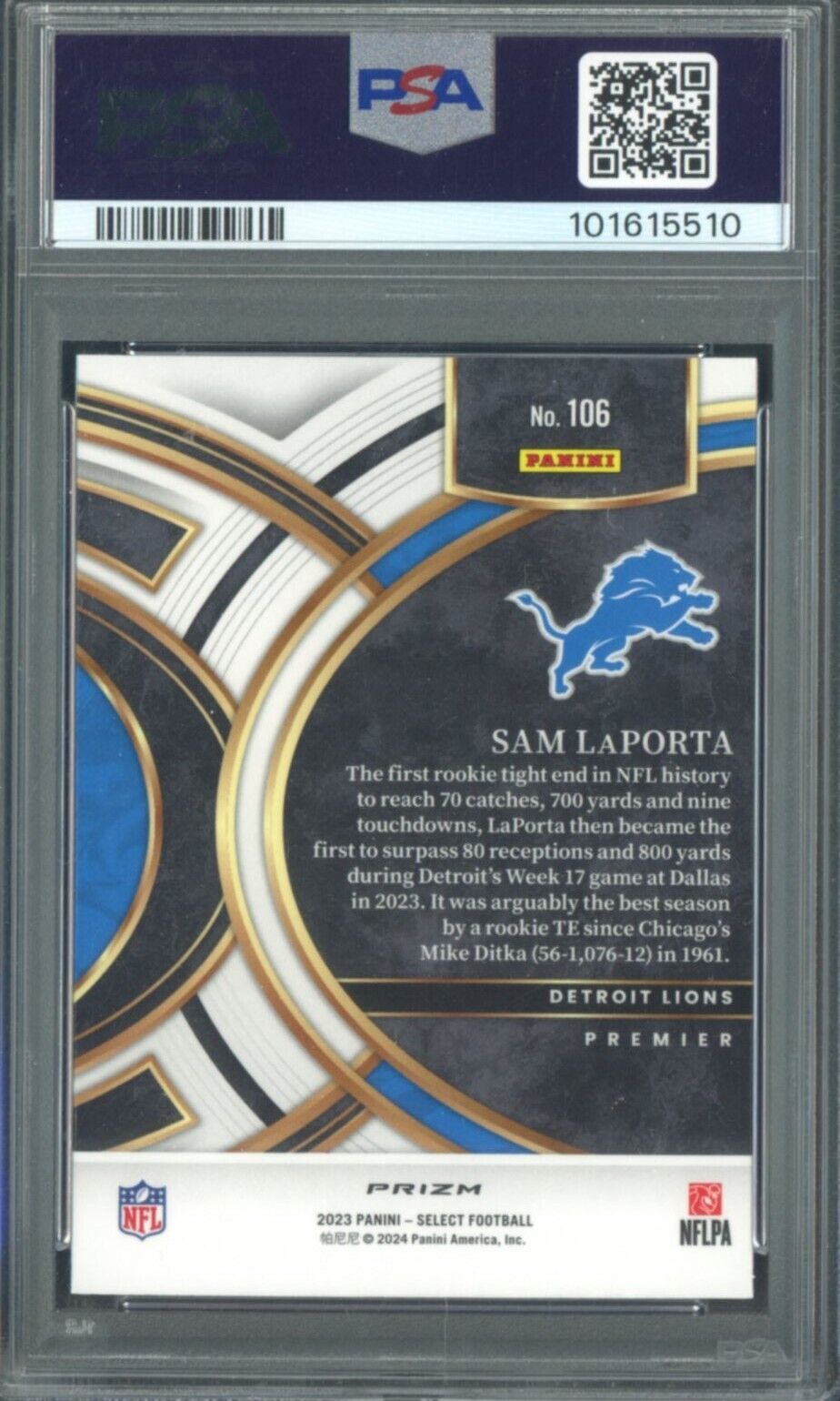 2023 Select Silver Prizm #106 Sam LaPorta Lions RC Rookie PSA 10 - ROOKIE