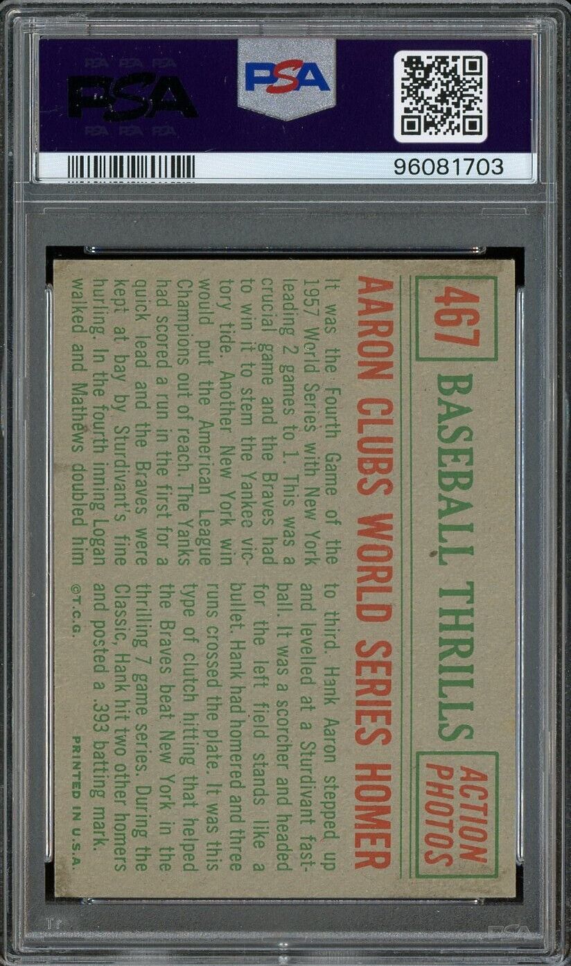 1959 Topps #467 Hank Aaron HOF Clubs World Series Homer PSA 3 VG