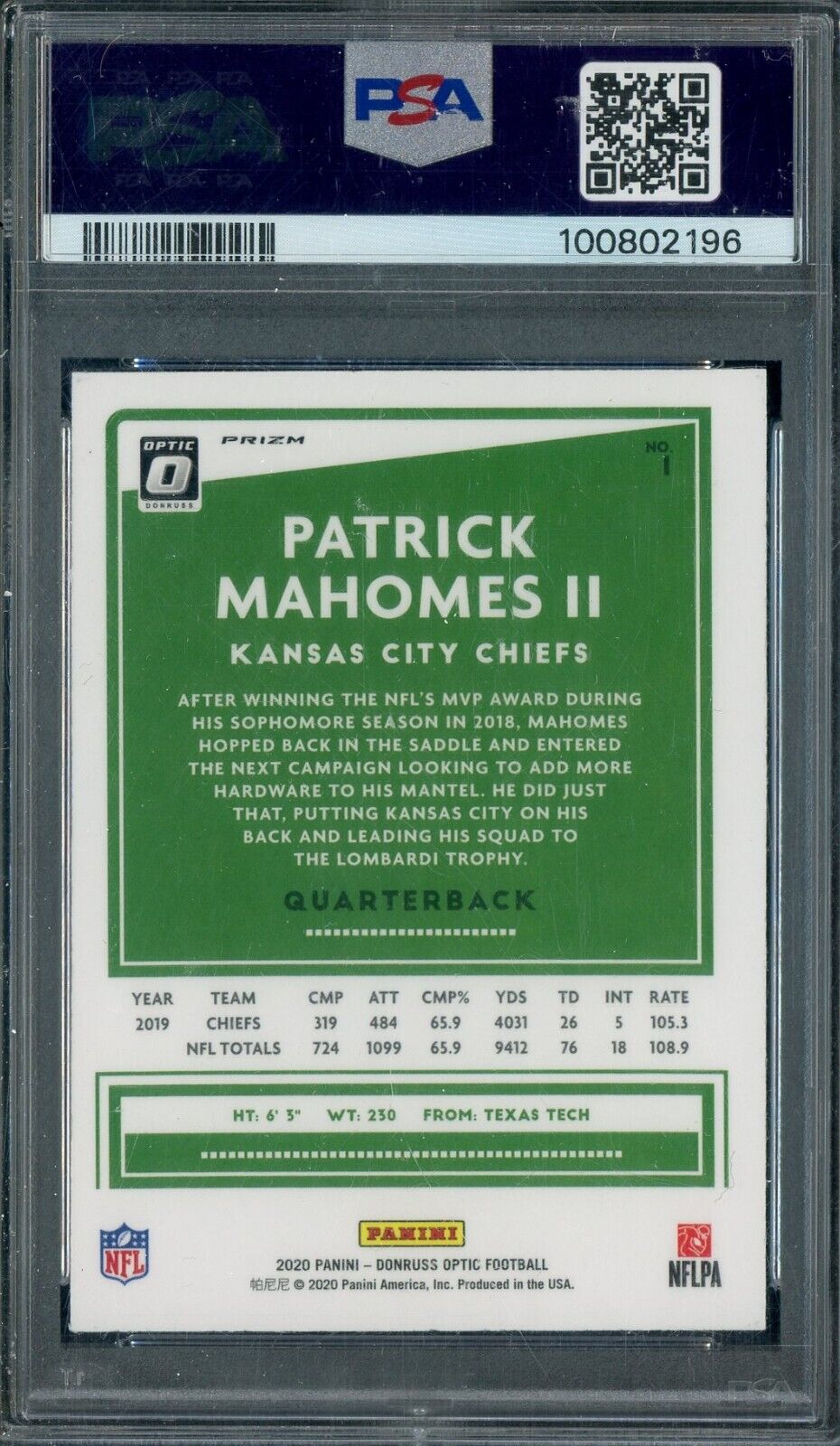 2020 Donruss Optic Holo Prizm #1 Patrick Mahomes II Chiefs PSA 8 NM-MT