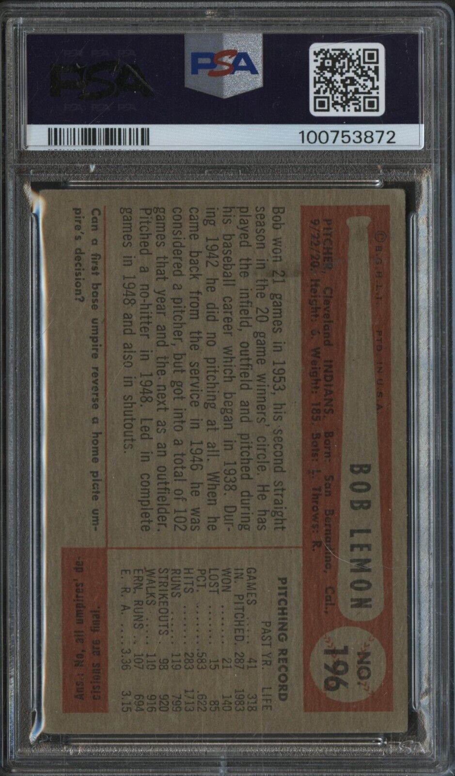1954 Bowman MLB Baseball - Bob Lemon #196 - Cleveland Indians - PSA 3.5