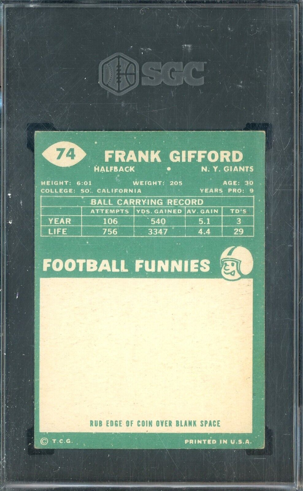 1960 Topps Football - Frank Gifford #74 - New York Giants HOFer - SGC 5.5