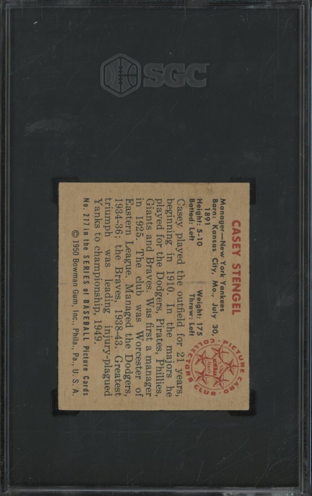 1950 Bowman Casey Stengel #217 SGC 4