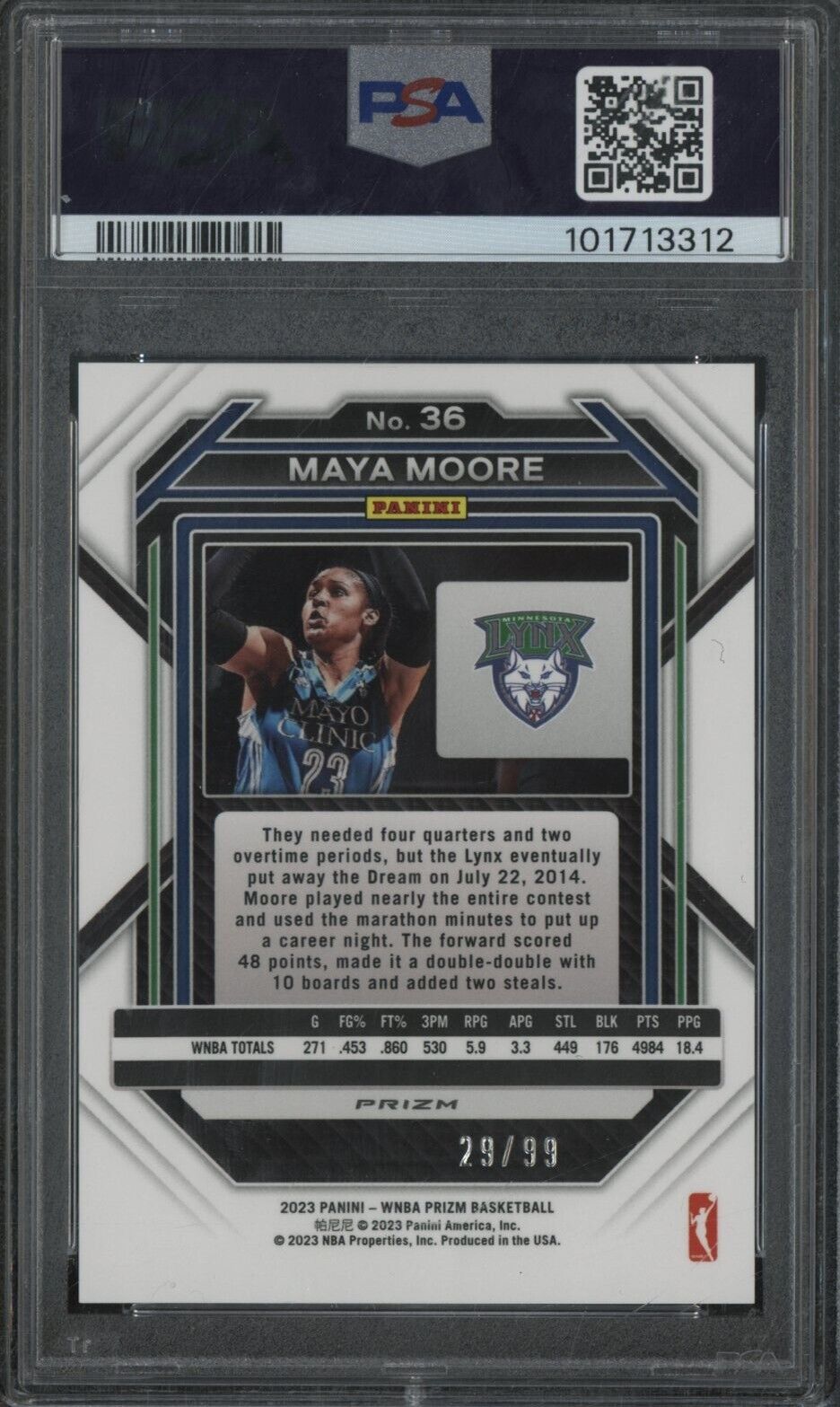 2023 Panini Prizm WNBA Maya Moore #36 Premium Set - /99 PSA - /99