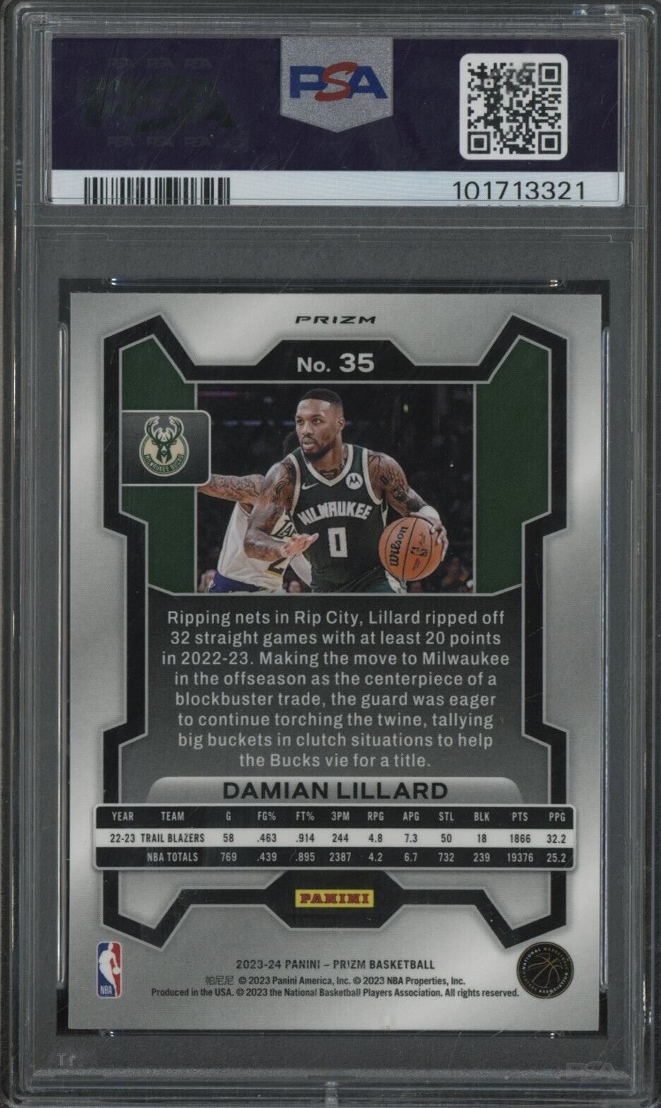 2023 Panini Prizm Damian Lillard #35 Orange Ice PSA 10