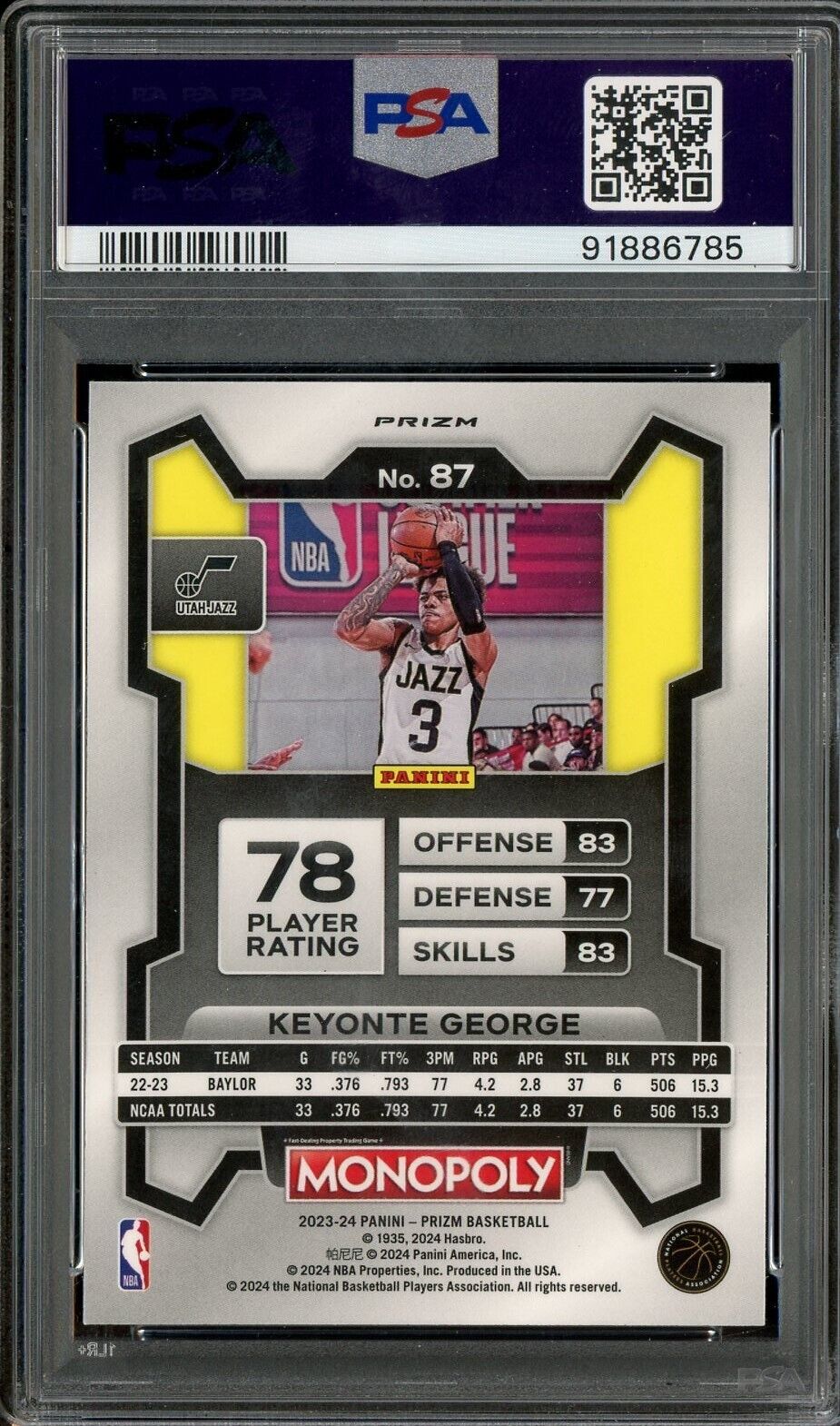 2023 Panini Purple Prizm Monopoly #87 Keyonte George RC Rookie PSA 9 ROOKIE