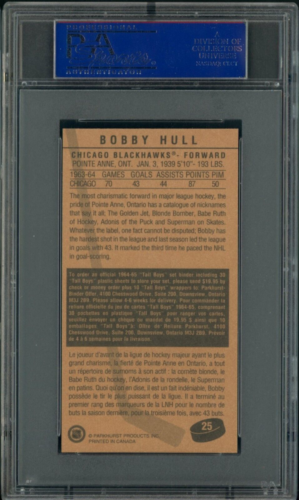 1994 Parkhurst - Tall Boys Hockey - Bobby Hull #25 - Blackhawks - HOF - PSA 9