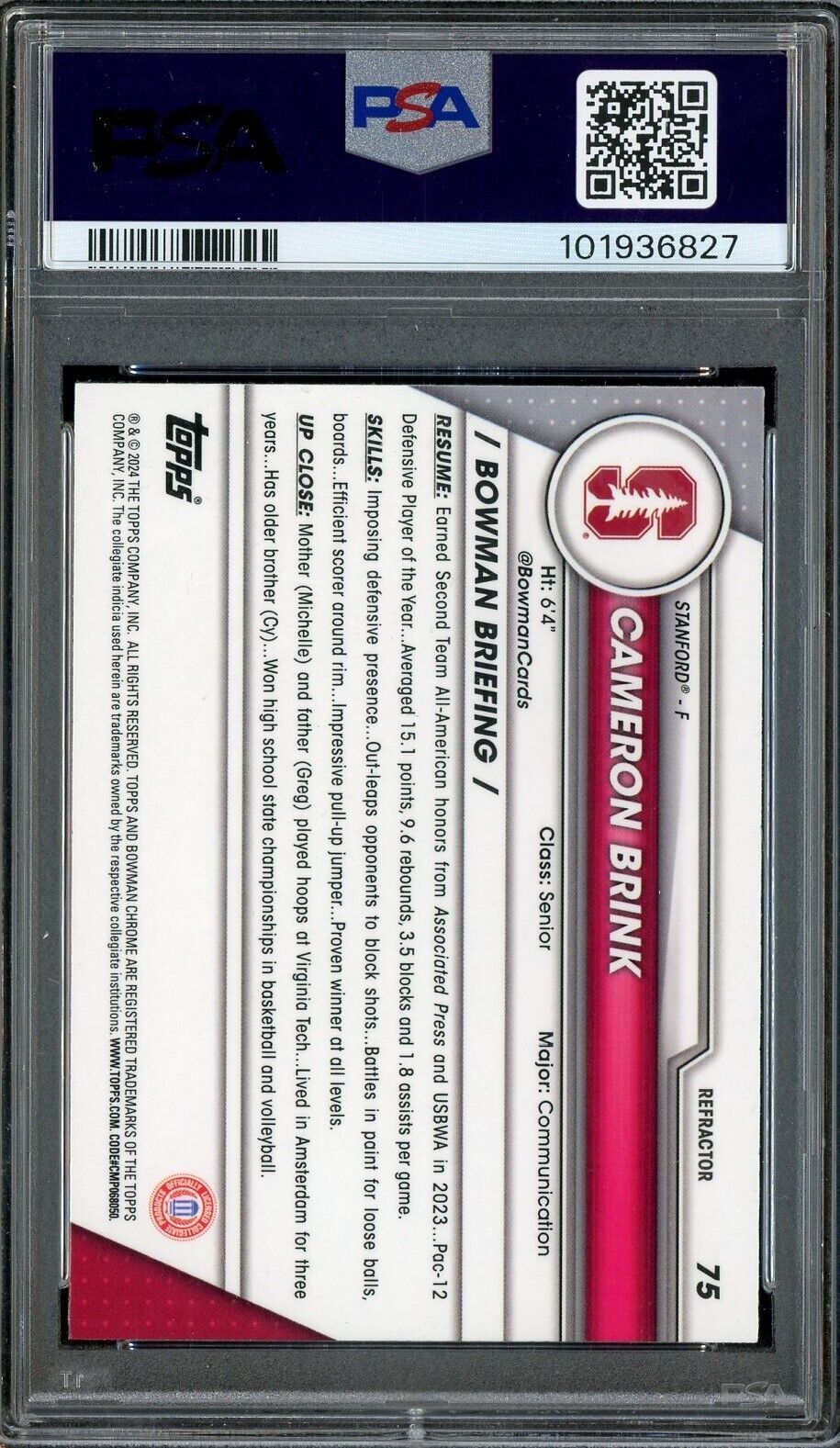 2023 Bowman U Chrome Refractor #75 Cameron Brink Sparks RC Rookie PSA